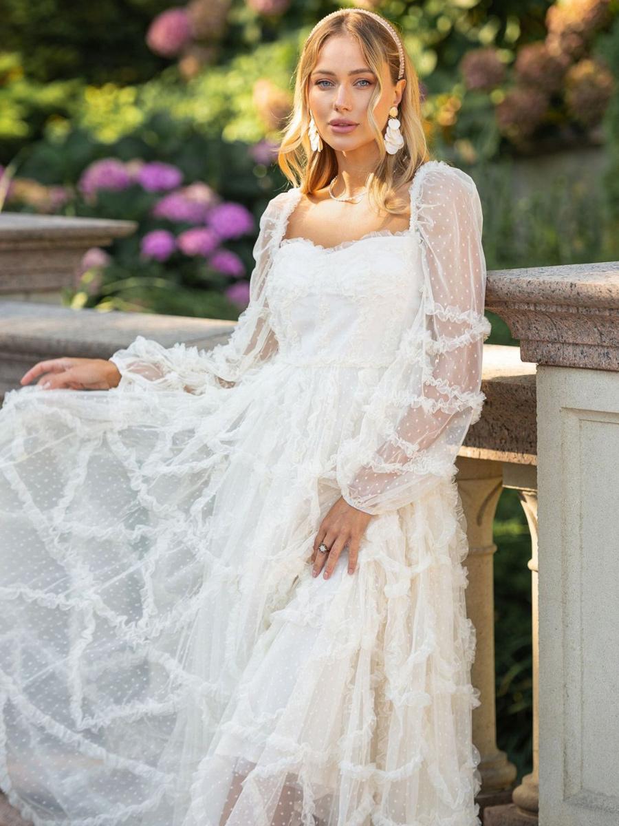 Elegant Ruffles Illusion Long Sleeves Polka Dot Layered Polyester Party Prom Dresses - Image 3