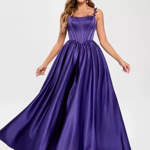 Elegant Satin Fabric Square Neck A-Line Sleeveless Applique Prom Party Dresses