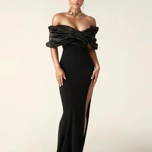 Elegant Satin Ruffle Shoulder High Slit Off the Shoulder Pleat Bodycon Long Maxi Dress