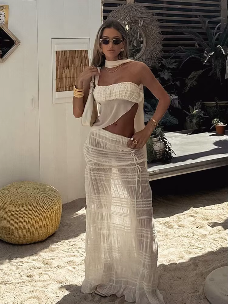 Elegant Scarf Strapless Top Mesh Irregular Hem Multi Pleated Skirt 2-Piece Set