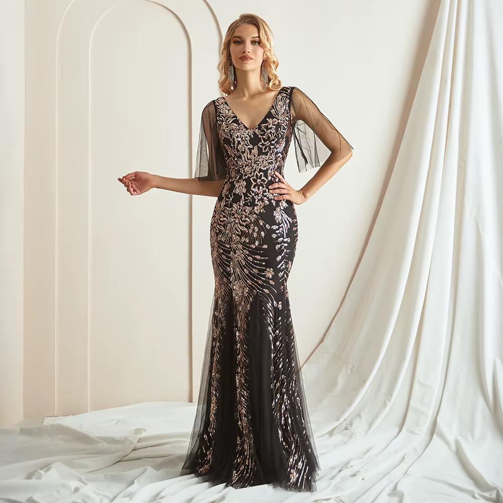 Elegant Sequin Short Sheer Sleeves V-Neck Floor-Length Evening Dress - Image 3