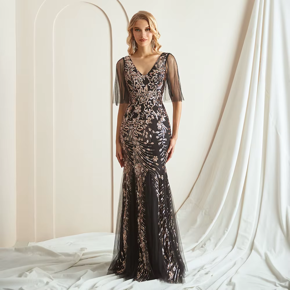 Elegant Sequin Short Sheer Sleeves V-Neck Floor-Length Evening Dress - Image 4