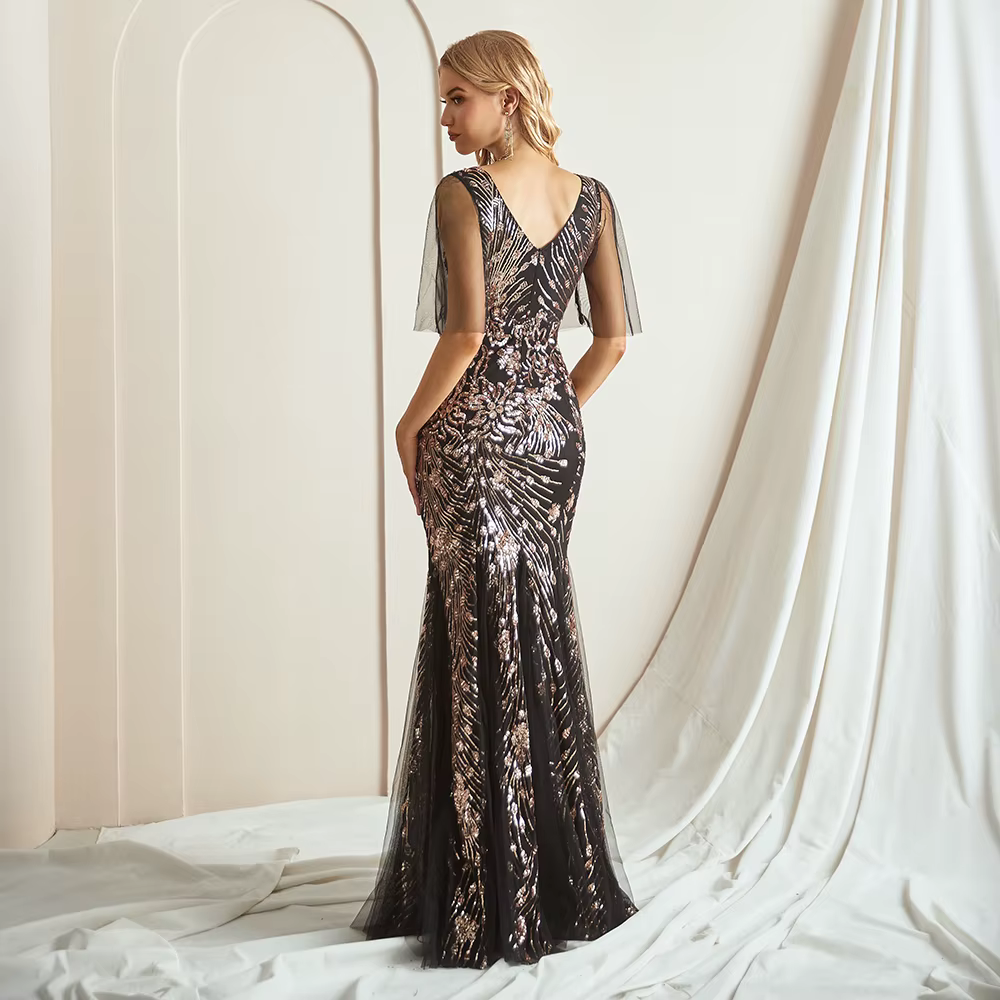 Elegant Sequin Short Sheer Sleeves V-Neck Floor-Length Evening Dress - Image 6