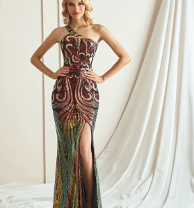 Elegant Sequin Sleeveless One-Shoulder Appliques Formal Evening Maxi Dresses