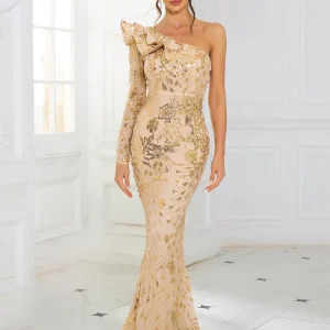 Elegant Sequined Ruffle One Shoulder Floor Length Long Sleeve Event Evening Maxi Dress