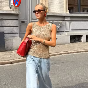 Elegant Sequined Sparkling Bottoming O-Neck Sleeveless Tank Tops Clubwear