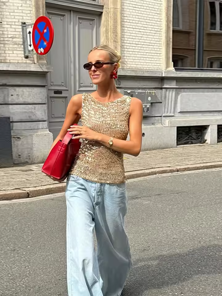 Elegant Sequined Sparkling Bottoming O-Neck Sleeveless Tank Tops Clubwear