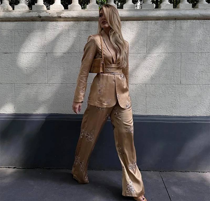 Elegant Sequined V-neck Belt Long Sleeved Blazer And Pants 2 Piece Sets - Image 6