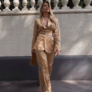 Elegant Sequined V-neck Belt Long Sleeved Blazer And Pants 2 Piece Sets