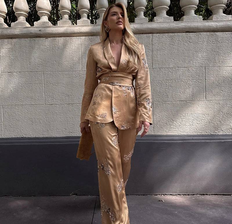 Elegant Sequined V-neck Belt Long Sleeved Blazer And Pants 2 Piece Sets