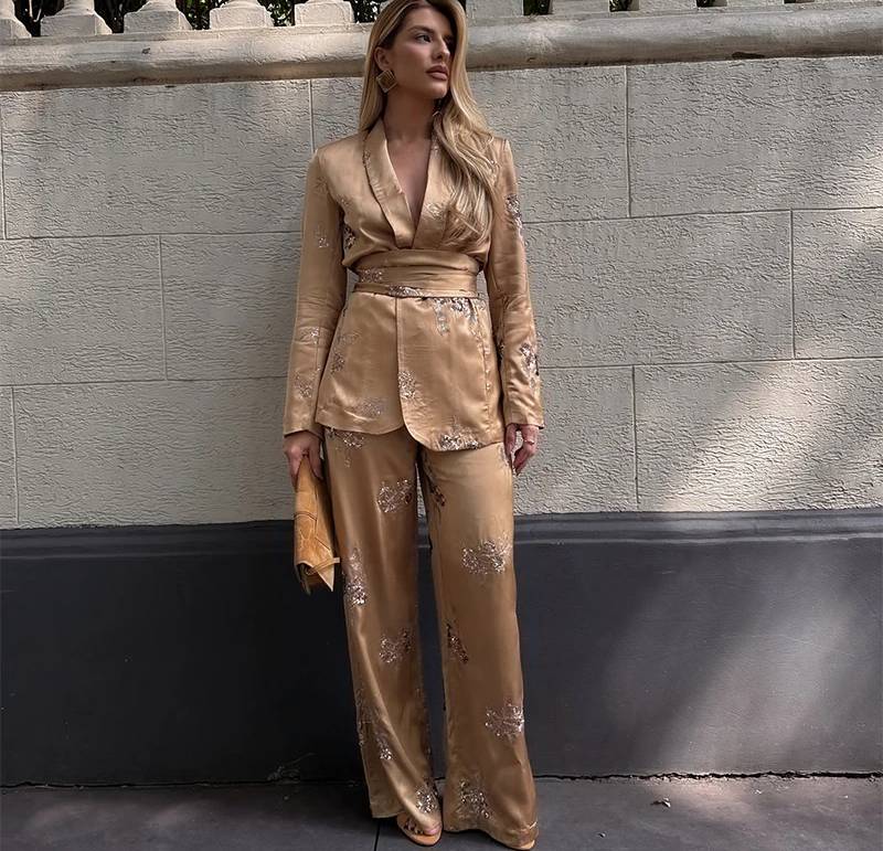 Elegant Sequined V-neck Belt Long Sleeved Blazer And Pants 2 Piece Sets - Image 5