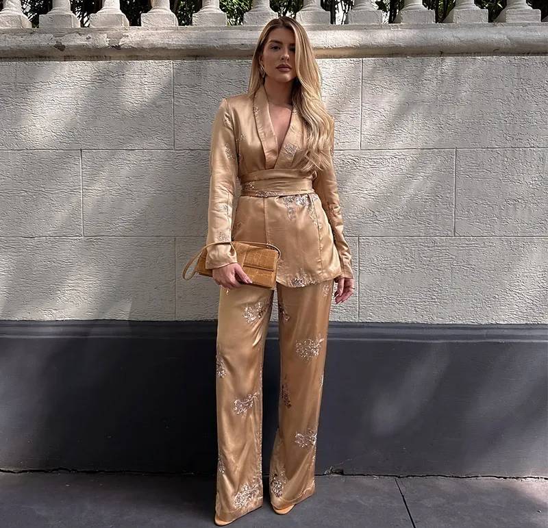 Elegant Sequined V-neck Belt Long Sleeved Blazer And Pants 2 Piece Sets - Image 4