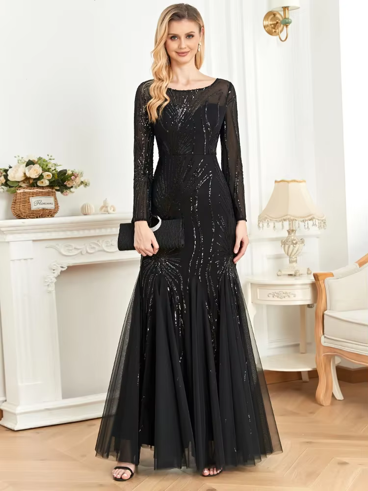 Elegant Sequins Long Sleeves Floor-Length Maxi Prom Dress