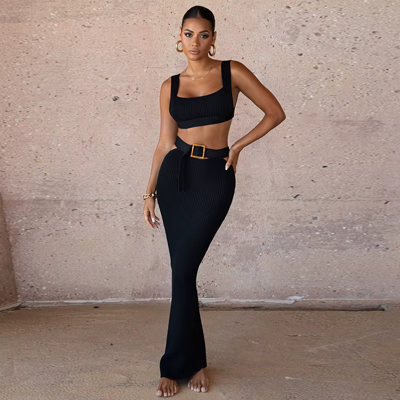 Elegant Sheath Buttocks Slimming Suspender Top Belted Ankle-Length Skirt Two-Piece Set