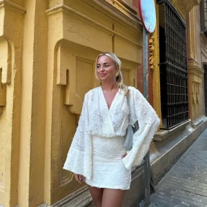 Elegant Shirt V-Neck Long Flare Sleeve Shirt Mini Skirt 2 Piece Sets