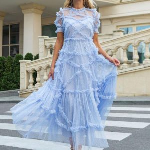 Elegant Short Sleeve Illusion Neckline Ruffles Layered Tulle Polka Dot Maxi Dresses