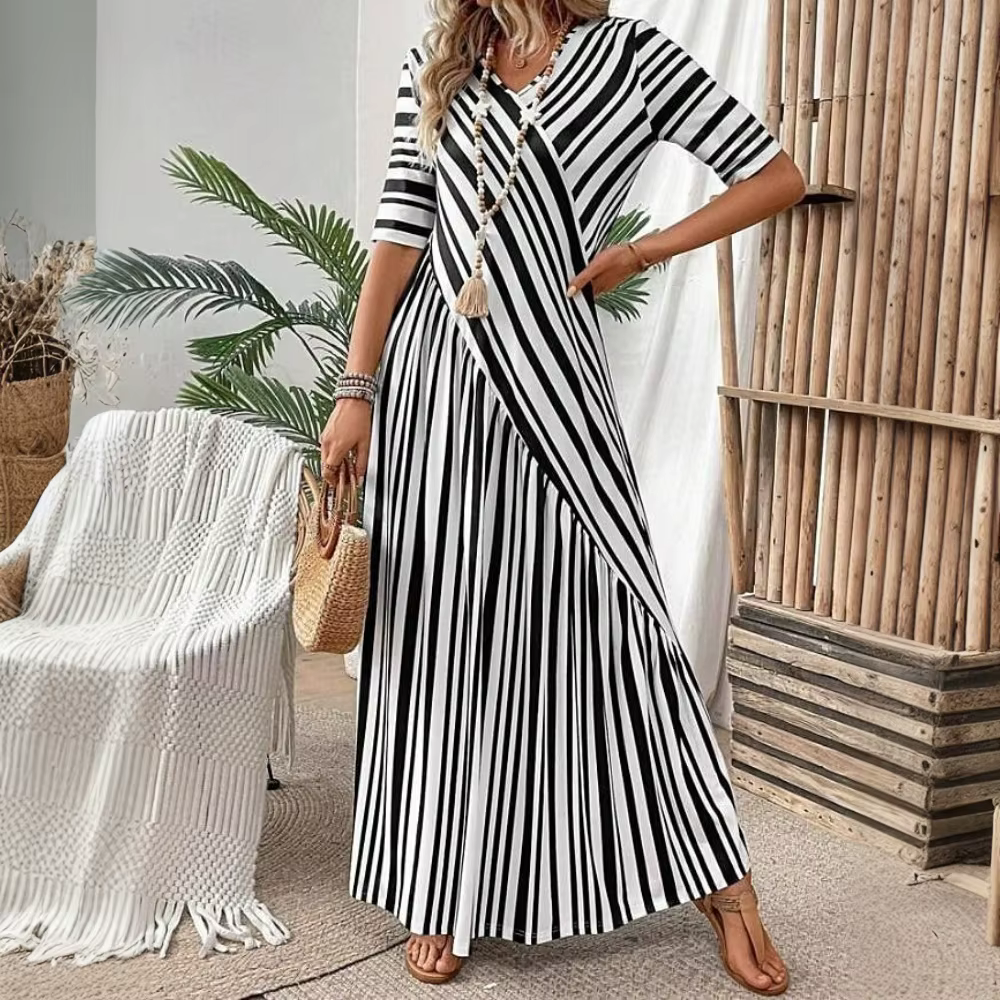 Elegant Short Sleeve Pullover Beach Style Ankle-Length Maxi Dress