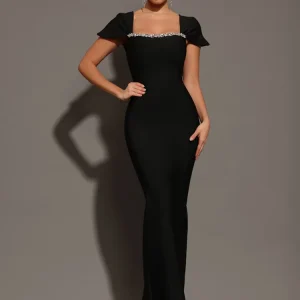 Elegant Short Sleeve Square Collar Solid Diamonds Bandage Zipper Maxi Long Dress