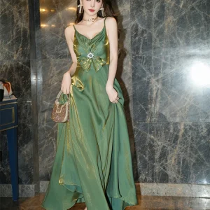 Elegant Satin Spaghetti Strap Vacation Holiday Beach Clothes Sweet Bow Sling A-Line Maxi Long Dress