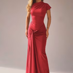 Elegant Skew Collar Short Sleeves Lace Up Ruched Tight Streetwear Bodycon Maxi Dress