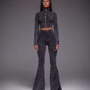 Elegant Skinny O-Neck Long Sleeves Zipper Tops And Long Pants 2 Piece Sets
