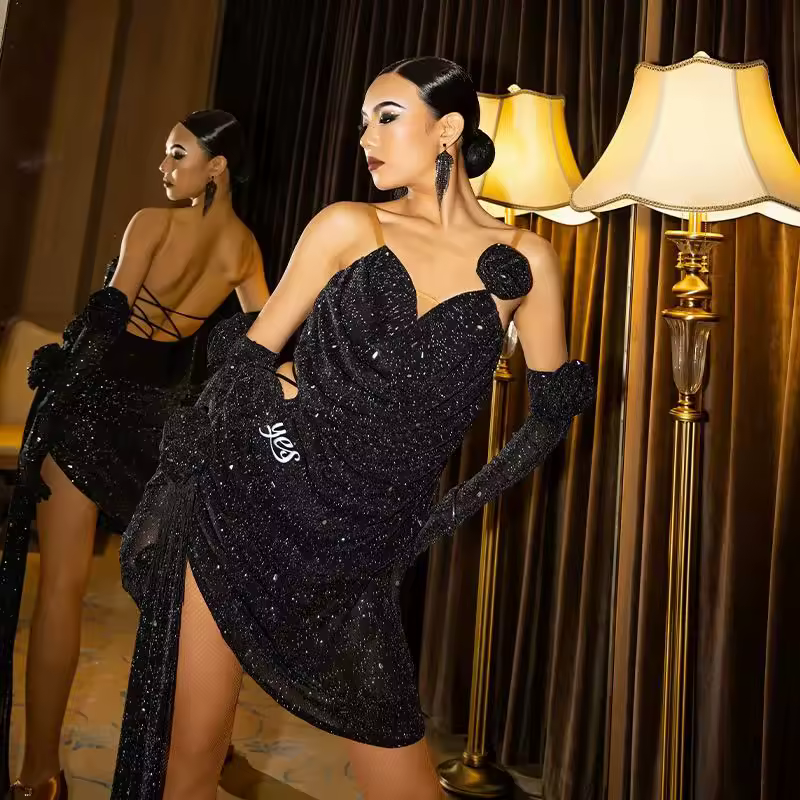 Elegant Slash Neck High End Flower Sling Camisole Latin Dance Mini Drees