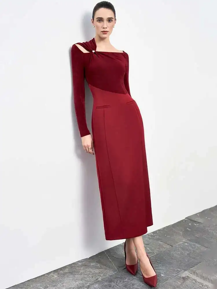 Elegant Slash Neck Hollow Out Kink Splice Pleated Asymmetrical Slim Maxi Dress - Image 4