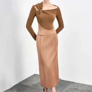 Elegant Slash Neck Hollow Out Kink Splice Pleated Asymmetrical Slim Maxi Dress