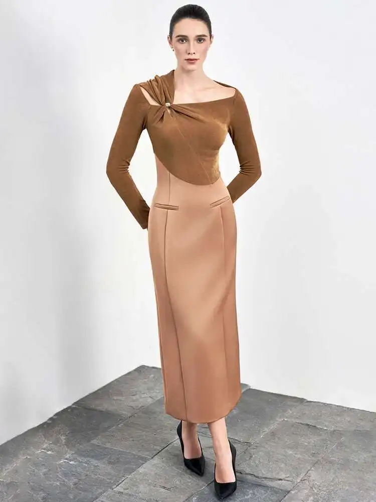 Elegant Slash Neck Hollow Out Kink Splice Pleated Asymmetrical Slim Maxi Dress