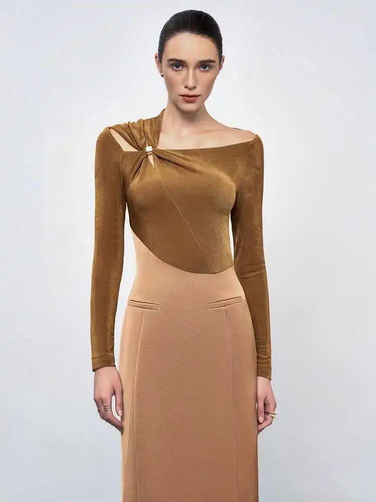 Elegant Slash Neck Hollow Out Kink Splice Pleated Asymmetrical Slim Maxi Dress - Image 2