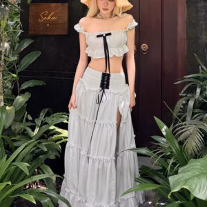 Elegant Slash Neck Patchwork Lace Bow Crop Tops High Split Bandage Skirts 2-Piece Set