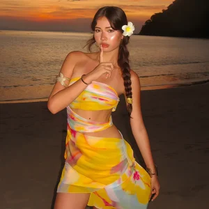 Elegant Slash Neck Tie Dye Print Backless Pullover Strapless Hollow Out Sleeveless Mini Dress