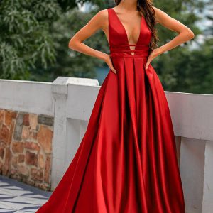 Elegant Sleeveless A-Line V-Neck Backless Satin Long Wedding Guest Evening Formal Dresses