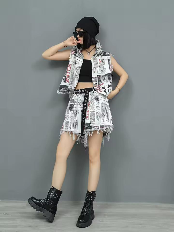 Elegant Sleeveless Denim Vest Tops Wide-leg Loose Short Pants 2-piece Set - Image 2