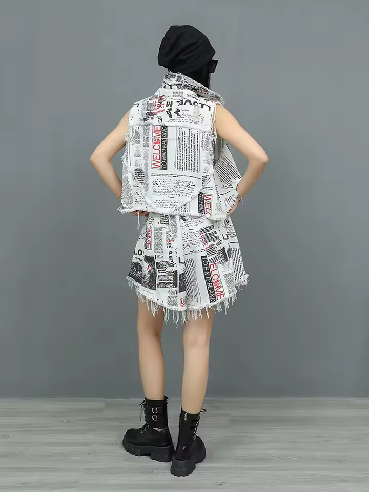 Elegant Sleeveless Denim Vest Tops Wide-leg Loose Short Pants 2-piece Set - Image 5