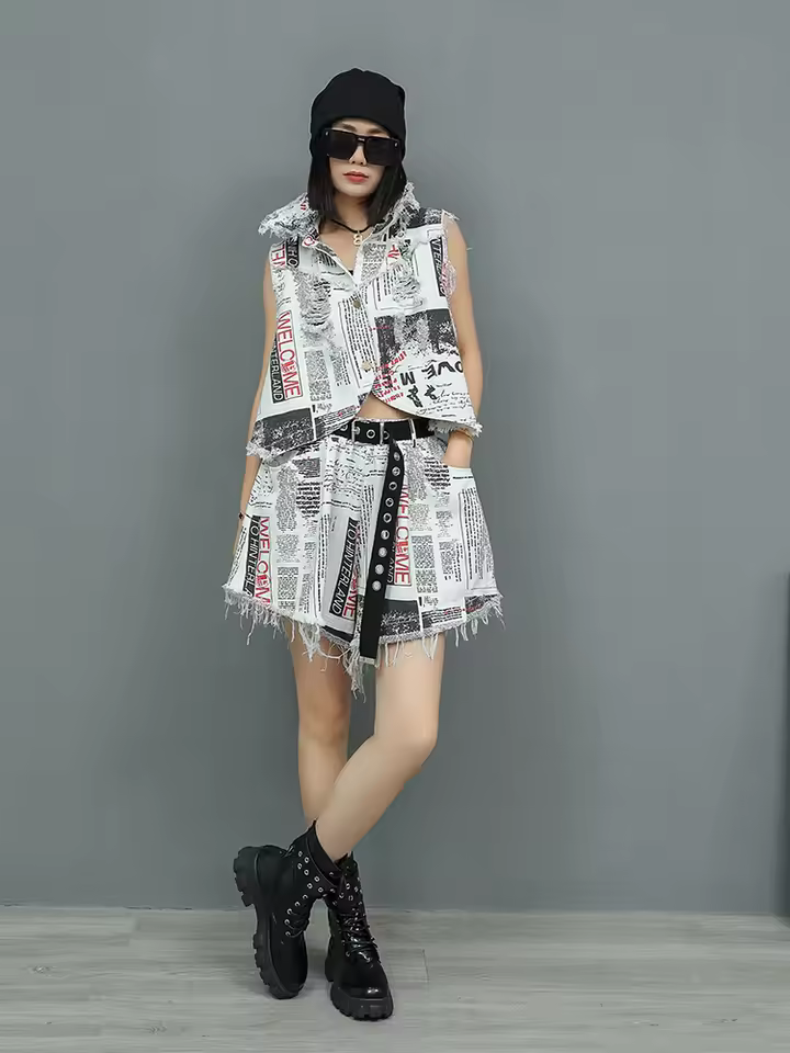 Elegant Sleeveless Denim Vest Tops Wide-leg Loose Short Pants 2-piece Set - Image 4