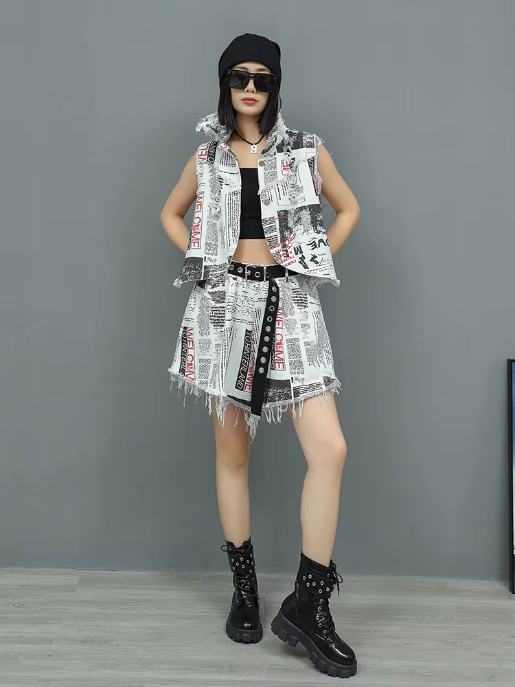 Elegant Sleeveless Denim Vest Tops Wide-leg Loose Short Pants 2-piece Set