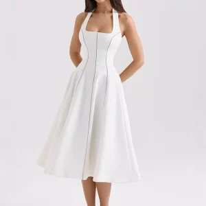 Elegant Sleeveless Halter Neck A-Line Backless Lace up Midi Dress