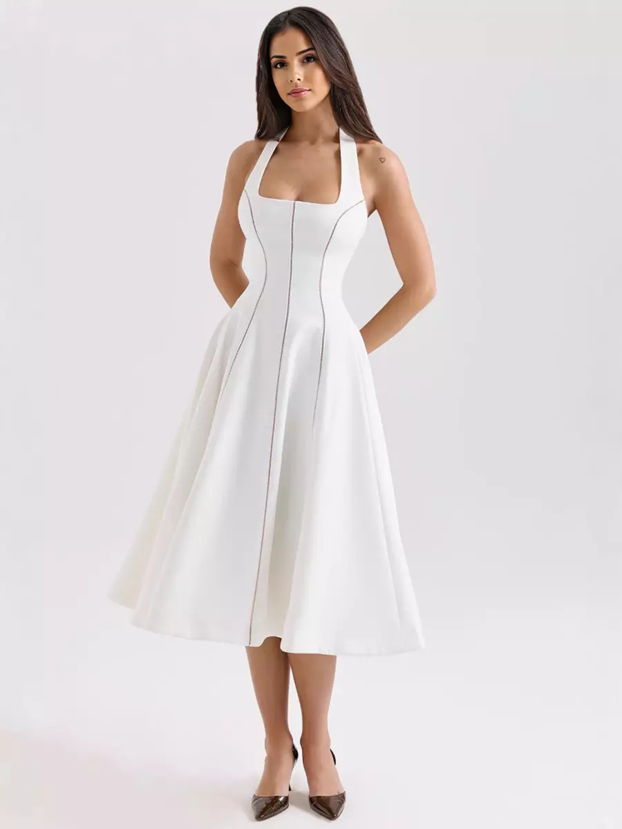 Elegant Sleeveless Halter Neck A-Line Backless Lace up Midi Dress