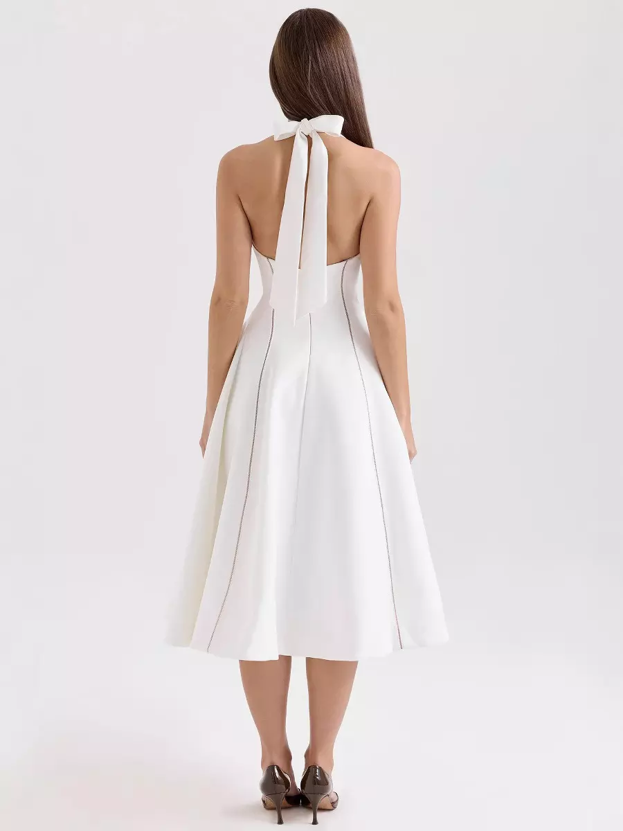 Elegant Sleeveless Halter Neck A-Line Backless Lace up Midi Dress - Image 4