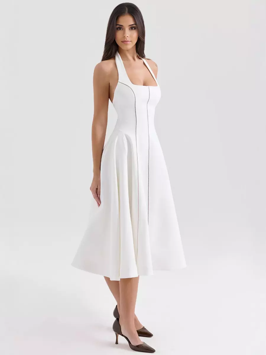 Elegant Sleeveless Halter Neck A-Line Backless Lace up Midi Dress - Image 3