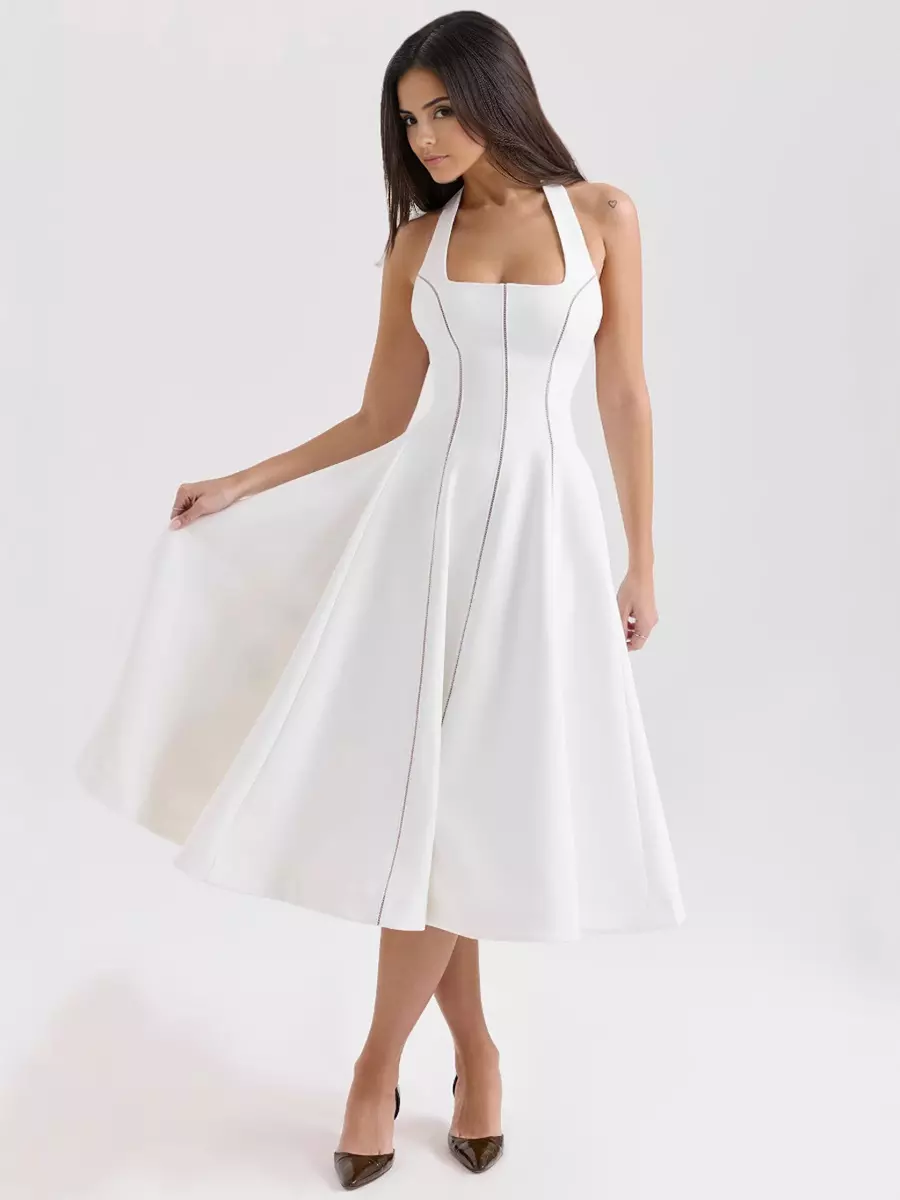 Elegant Sleeveless Halter Neck A-Line Backless Lace up Midi Dress - Image 2