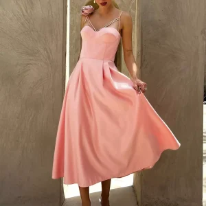 Elegant Sleeveless Heart Neckline A-Line Slip With 3D Flower Decoration Midi Dress