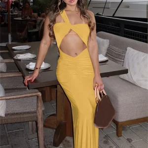 Elegant Sleeveless Hollow Out Diagonal collar Night Club Evening Party Long Maxi Dress 