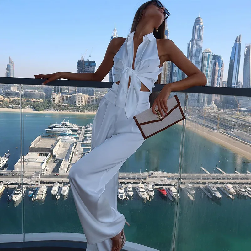 Elegant Sleeveless Lapel Lace Up Cardigan Tops High Waisted Pants 2 Piece Set - Image 4