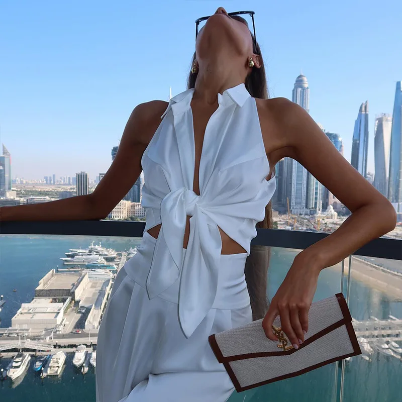 Elegant Sleeveless Lapel Lace Up Cardigan Tops High Waisted Pants 2 Piece Set - Image 2