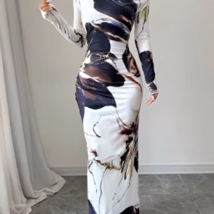 Elegant Slim Fit Printed Slanted Shoulder Long Sleeved Maxi Dress