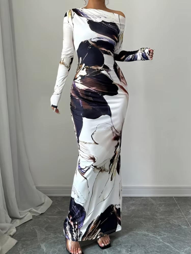 Elegant Slim Fit Printed Slanted Shoulder Long Sleeved Maxi Dress - Image 3