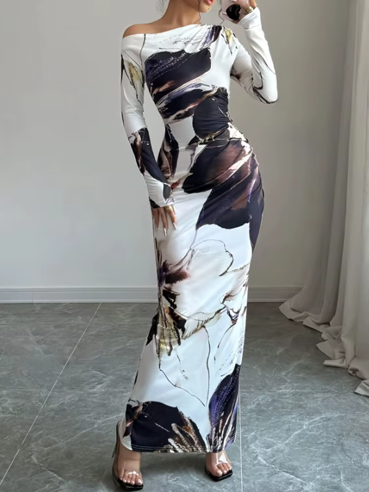 Elegant Slim Fit Printed Slanted Shoulder Long Sleeved Maxi Dress - Image 5