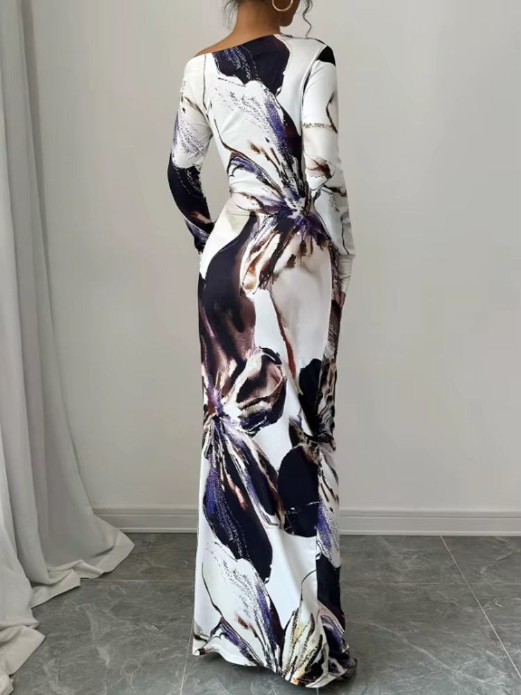 Elegant Slim Fit Printed Slanted Shoulder Long Sleeved Maxi Dress - Image 6